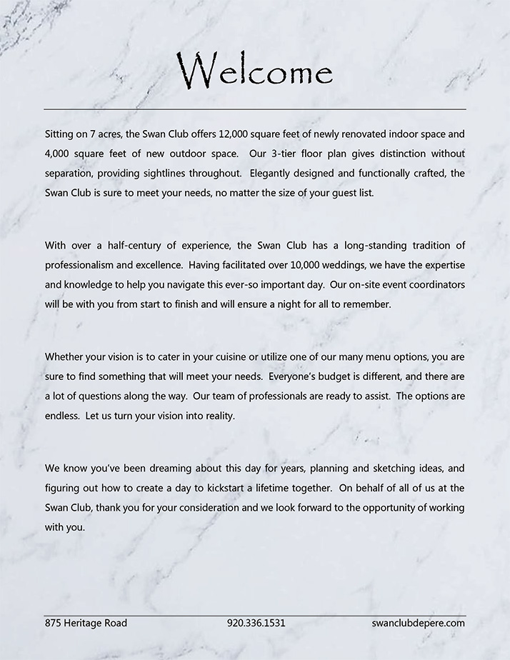 Wedding Venue De Pere WI Welcome Letter